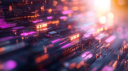 Aufkleber - Colorful abstract representation of digital technology and circuits at twilight with glowing lights and vibrant colors