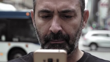 man using smartphone in city street
