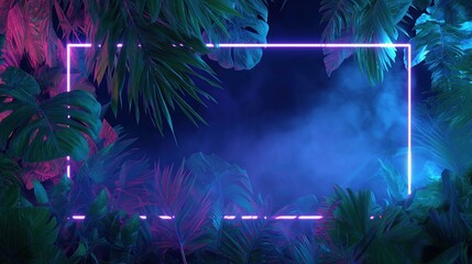 Poster - Neon rectangle shape glowing in a tropical jungle at night in 80s synthwave style