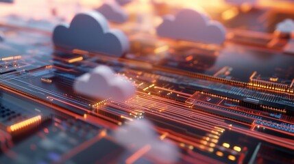 Poster - Digital cloud computing with vibrant connections on a futuristic circuit board at sunset