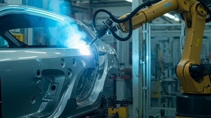 Poster - Automated robot arm welding a car body at an automobile factory. Modern industrial manufacturing technology footage.