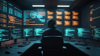 Hacker in a dark room surrounded by computers coding at night