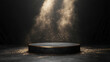 © lesikvit - Minimalist black podium with golden edge and glittering dust under spotlight on dark background. Generative AI