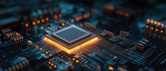 Poster - The microchip glowing on a modern circuit board in a futuristic setting.