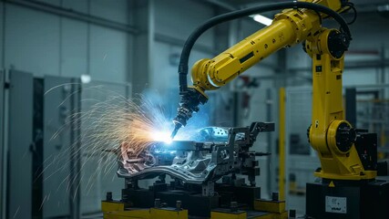 Poster - Robotic arm welding automotive car part in factory production line. Industrial robot welding in smart manufacturing facility footage.