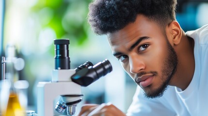 Poster - Young scientist examining samples with microscope in laboratory during bright daytime
