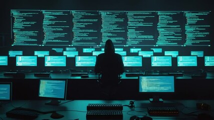 Anonymous hacker sits surrounded by screens with flowing code