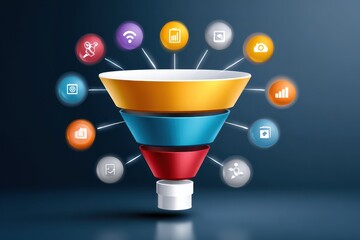 Poster - Visual representation of marketing funnel with colorful segments and various digital icons illustrating service stages