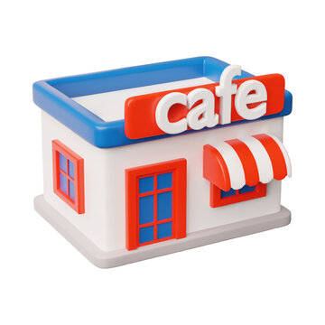 3D cafe buildings with a modern facade, signboard, awning, in red and blue colors, side view.