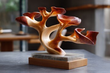 Poster - Intricately carved wooden sculpture of a natural form showcased in a modern interior design setting