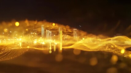 Poster - Golden Abstract Cityscape With Illuminated Buildings and Flowing Light Wave at Night