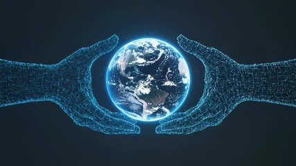 Poster - Digital hands forming around earth globe. Global care and environment protection concept. Planet conservation innovation footage.