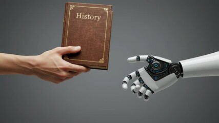 Poster - Human hand handing history book to robot. Artificial intelligence learning from past and knowledge transfer concept footage.