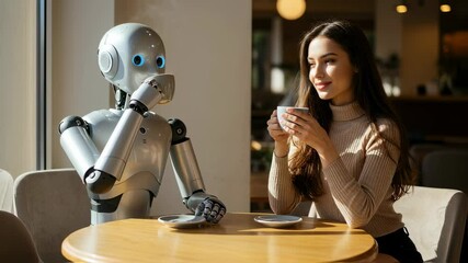 Poster - Woman and robot drinking coffee together in cafe. Humanoid machine and female having hot beverage, concept of future and AI interaction footage.