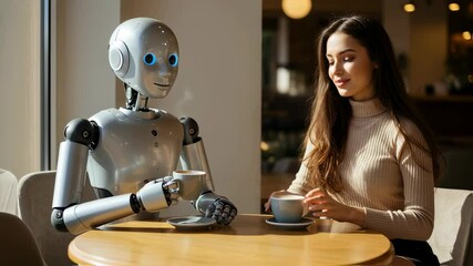 Poster - A woman and a robot sit at a table in a cafe, drinking coffee and interacting. Artificial intelligence concept, future technology interaction footage.