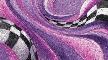 Poster - Vibrant swirling patterns mix shades of purple with a striking checkered design. This modern art piece captures movement and energy, creating a captivating visual experience.