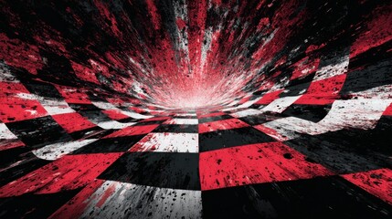 Poster - Bold red and black checkerboard patterns create a dynamic, swirling effect, drawing the viewer into a vibrant tunnel. The design suggests motion and depth, intriguing the observer.