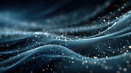 Poster - Delicate waves filled with sparkling particles flow gracefully across a dark blue background, creating an enchanting and tranquil atmosphere. The shimmering details enhance the visual appeal.
