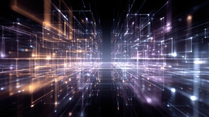 Fototapete - Vibrant geometric shapes and luminous lines create a stunning abstract digital landscape, resembling a futuristic cityscape filled with intricate details and glowing elements.