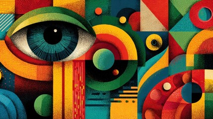 Poster - A striking abstract composition showcases an eye at the center, framed by colorful geometric shapes and intricate patterns, creating a lively visual experience.