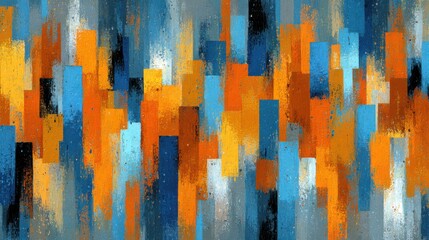 Poster - The artwork displays a dynamic arrangement of vertical blocks in vibrant shades of orange, blue, and gray, creating an energetic and modern aesthetic.