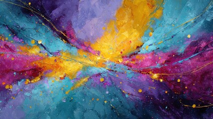 Poster - This artwork showcases a vivid blend of colors like yellow, pink, and blue, creating a sense of movement and energy. The bold brushstrokes and textures enhance its lively aesthetic.