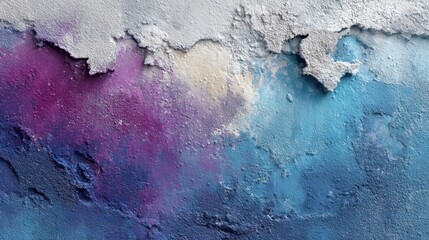 Poster - A vibrant wall showcases a captivating blend of blue, purple, and white hues, revealing intricate textures and artistic layers that create visual depth and interest.