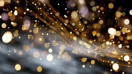 Poster - Golden shimmering particles and light lines create a dynamic abstract background. Magical bokeh glow with curved golden stripes, perfect for festive and special occasion projects.