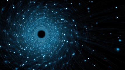Poster - A captivating swirling vortex filled with vibrant blue stars and light leads to a central black hole, creating a mesmerizing cosmic experience in a dark setting.
