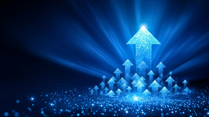 Poster - Glowing upward arrow formed by smaller arrows indicates collaborative growth and success. Blue gradient lighting enhances corporate theme in modern digital design