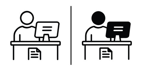 Fototapete - Desk Worker Icon Set: A versatile icon set featuring two variations of a person seated at a desk working on a computer, perfect for website design, application interfaces, and presentations.
