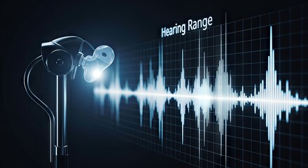 Poster - MedTech and the Future of Health Innovation. Headphones with sound wave visualization and hearing range display.