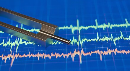 Poster - MedTech and the Future of Health Innovation. Tuning fork over a colorful soundwave graph.