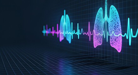 Poster - MedTech and the Future of Health Innovation. Digital illustration of lungs with heartbeat waveform in vibrant colors.