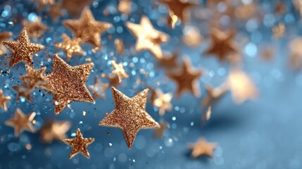 Poster - Shimmering golden stars drift through a soft blue backdrop, enhancing the festive spirit. This enchanting display is perfect for decorations at parties or special occasions.