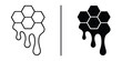 © Vectorzone - Honey Comb Icon in Illustration style : A honey comb illustration split by a straight line, depicting two visual styles in stark contrast against a solid black background. One side with outlines.
