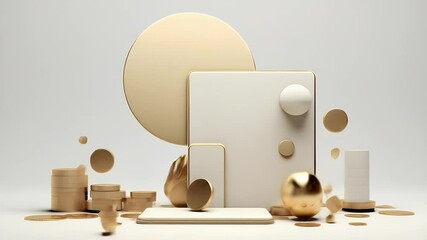 Poster - Modern Geometric Composition with Golden Accents on White Background Render