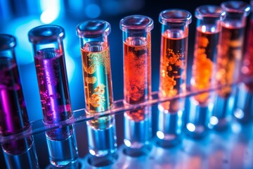 Poster - Test tubes containing colorful liquids showing chemical reaction in laboratory setting