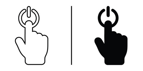 Power Button Interaction: A minimalist graphic of a hand interacting with a power button, representing an action in technology. The simplicity of the illustration emphasizes its functional purpose.