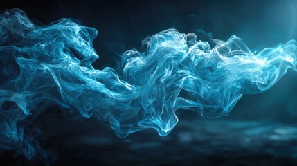 Poster - Wisps of blue smoke elegantly dance through a dark environment, creating a captivating atmosphere reminiscent of twilight. The fluid movement showcases stunning textures and colors.