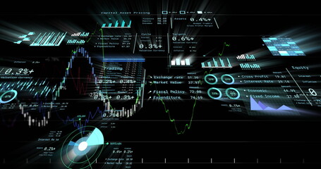 Aufkleber - Displaying UI panels in digital space, with line, candlestick and gauge charts and numeric readouts