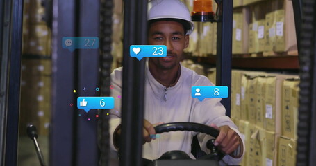 Poster - Operating forklift in warehouse, man with image of social media icons