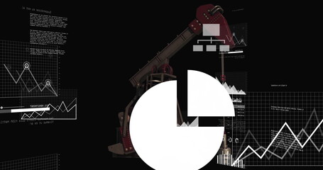 Poster - Image of oil pumpjack with data charts in black background for school use