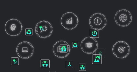 Poster - Displaying sustainable technology icons floating on dark digital screen, with globe recycling plug