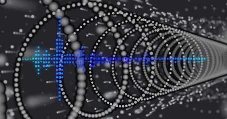 Aufkleber - Showing tunnel of light gray spheres receding in 3D space, with blue-cyan audio waveform, data bits