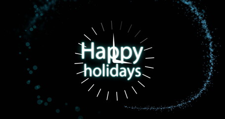 Poster - Displaying glowing turquoise Happy holidays text with tick marks and swirling light on black canvas