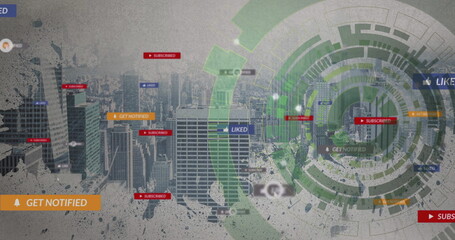 Poster - Showing green interface over skyscraper skyline with bell icons, SUBSCRIBED, LIKED tags, copy space