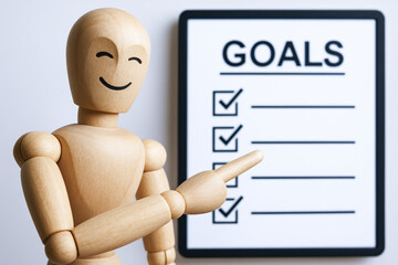 Poster - A satisfied wooden mannequin indicates a completed goal list on a digital whiteboard symbolizing achievement and progress