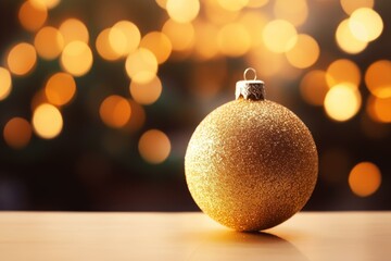 Poster - Golden christmas ball on a table, with warm blurred lights in the background, creating a festive atmosphere