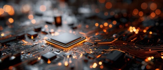 Fototapete - The intricate design of a microchip on an illuminated circuit board